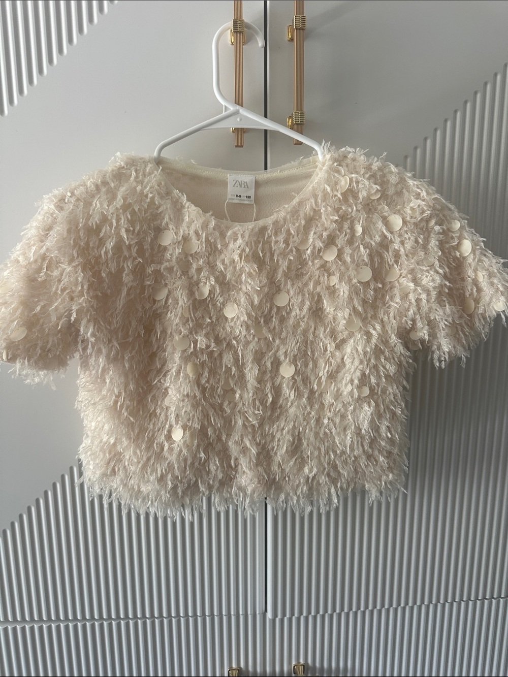Zara Cream Shaggy Sequin Short Sleeve Top